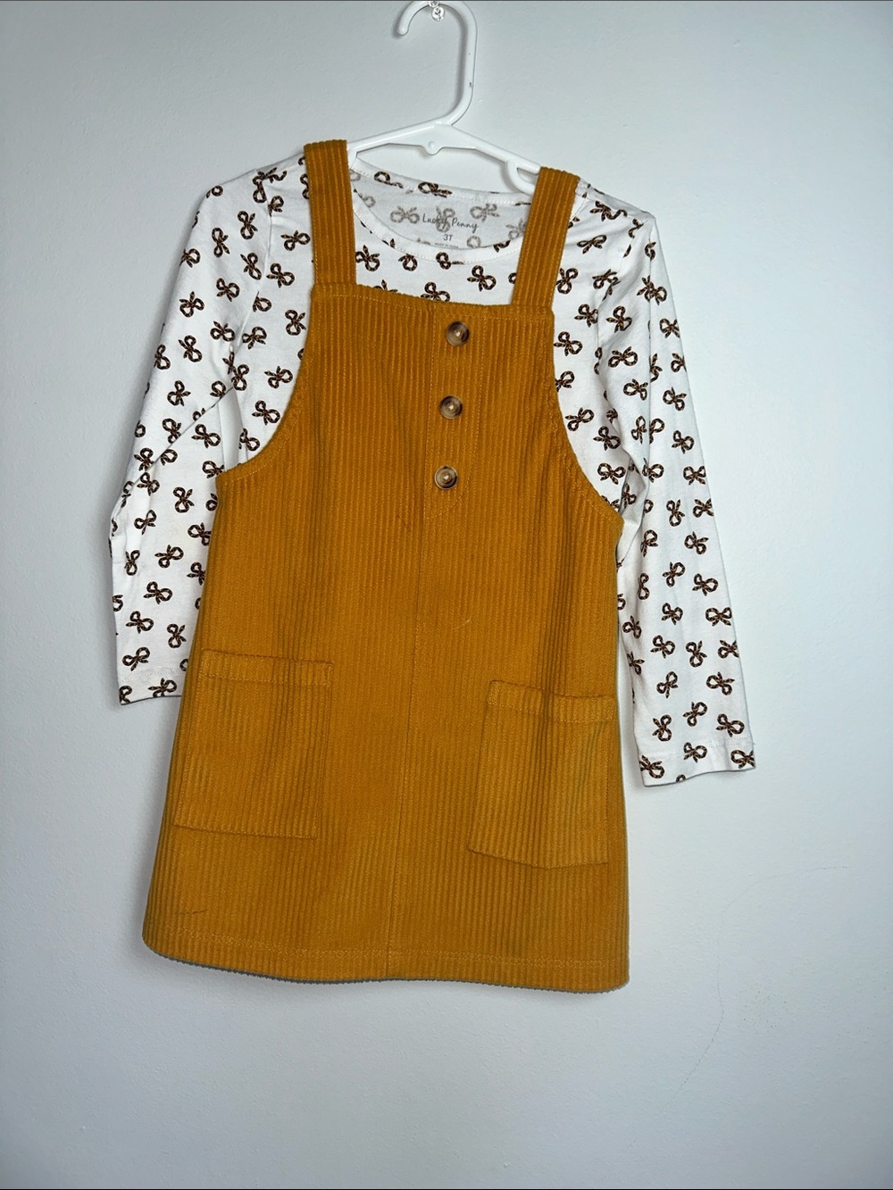 Girls Mustard Corduroy Pinafore Dress with Long-Sleeve Top